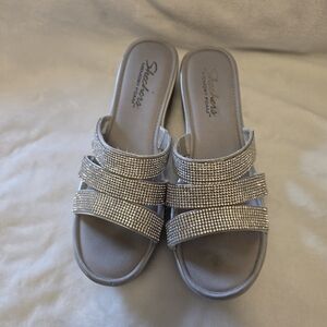 Skechers Silver Rhinestone Triple-Strap Slide Wedge Sandals